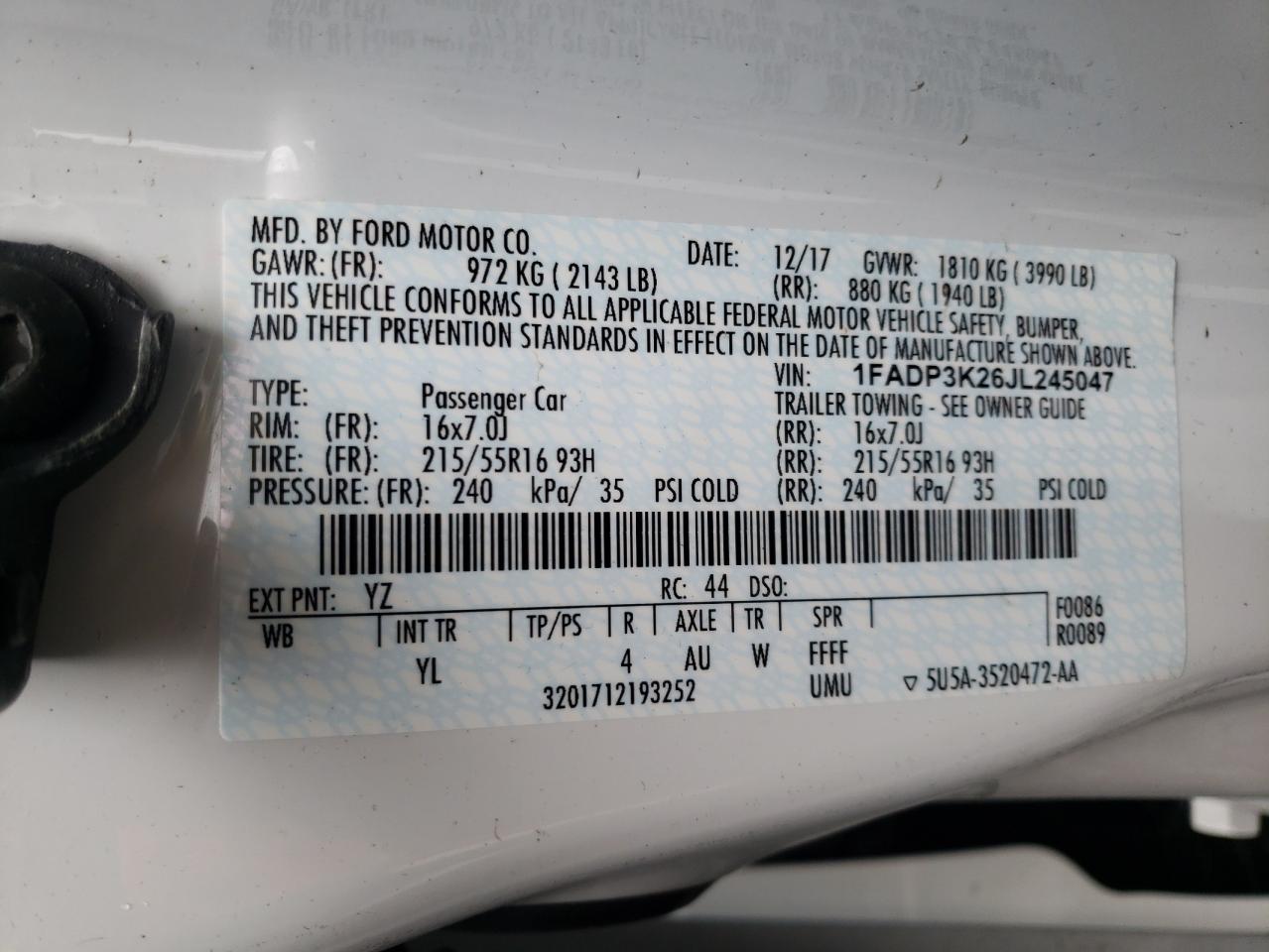 Photo 10 from auction – 2018 FORD FOCUS SE with VIN 1FADP3K26JL245047