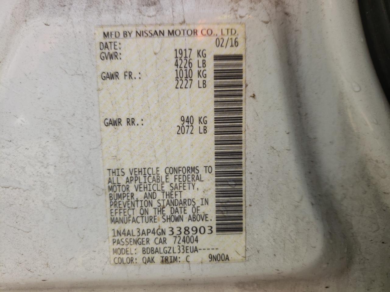 Photo 10 from auction – 2016 NISSAN ALTIMA 2.5 with VIN 1N4AL3AP4GN338903