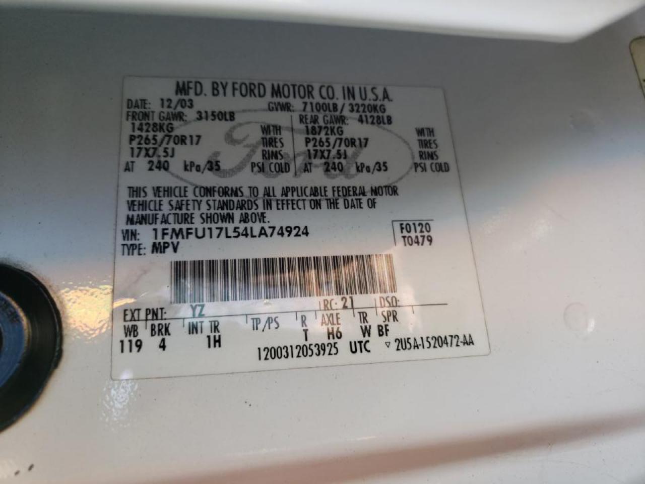 Photo 10 from auction – 2004 FORD EXPEDITION with VIN 1FMFU17L54LA74924