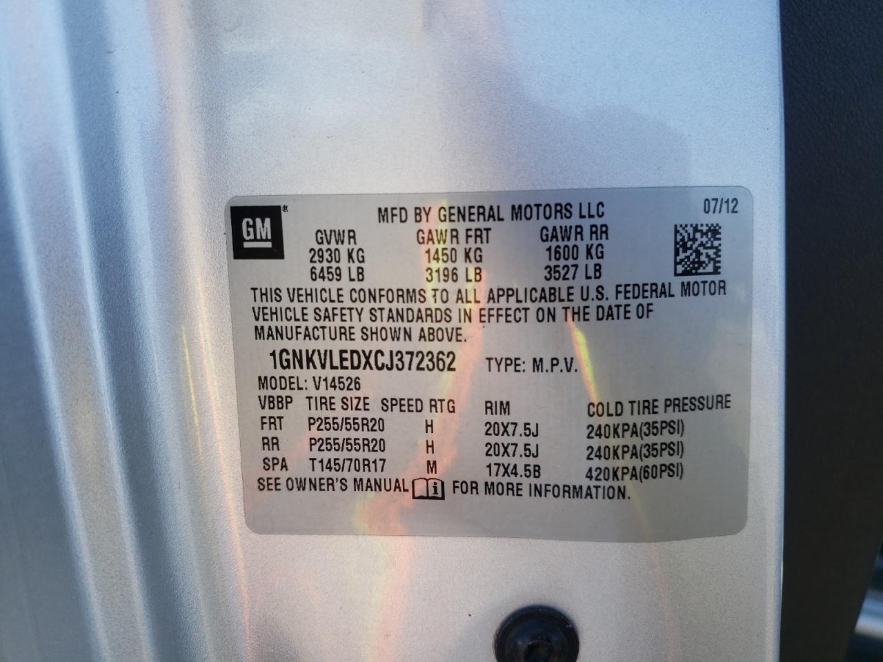 Photo 10 from auction – 2012 CHEVROLET TRAVERSE L with VIN 1GNKVLEDXCJ372362