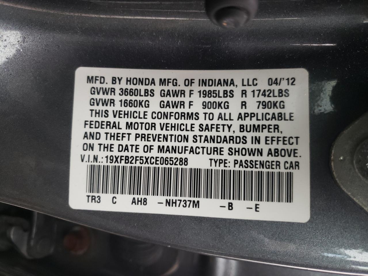 Photo 10 from auction – 2012 HONDA CIVIC with VIN 19XFB2F5XCE065288