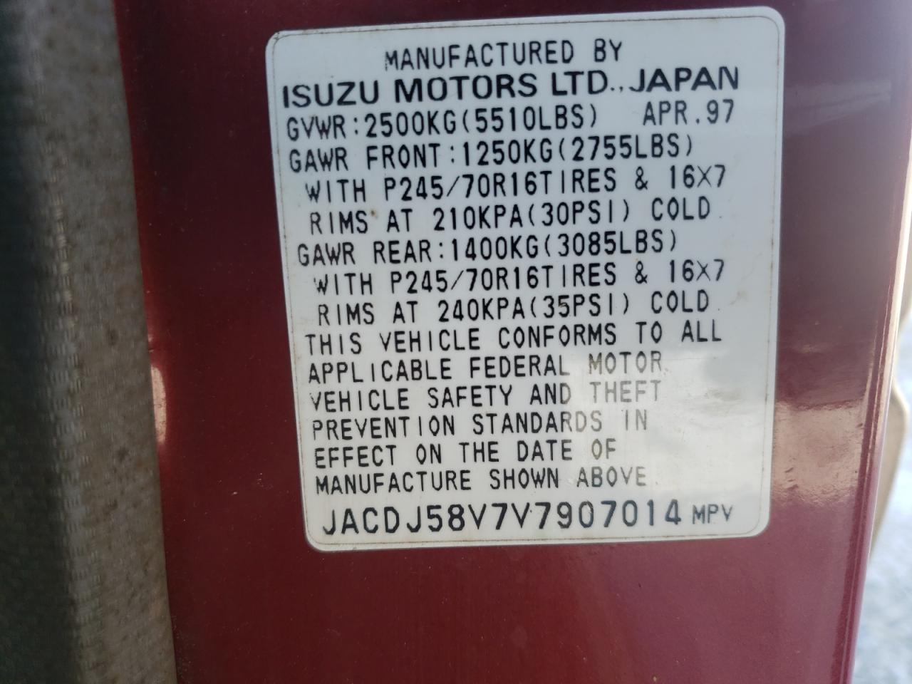 Photo 10 from auction – 1997 ISUZU TROOPER S with VIN JACDJ58V7V7907014