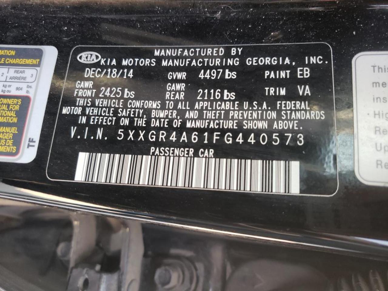 Photo 10 from auction – 2015 KIA OPTIMA SX with VIN 5XXGR4A61FG440573