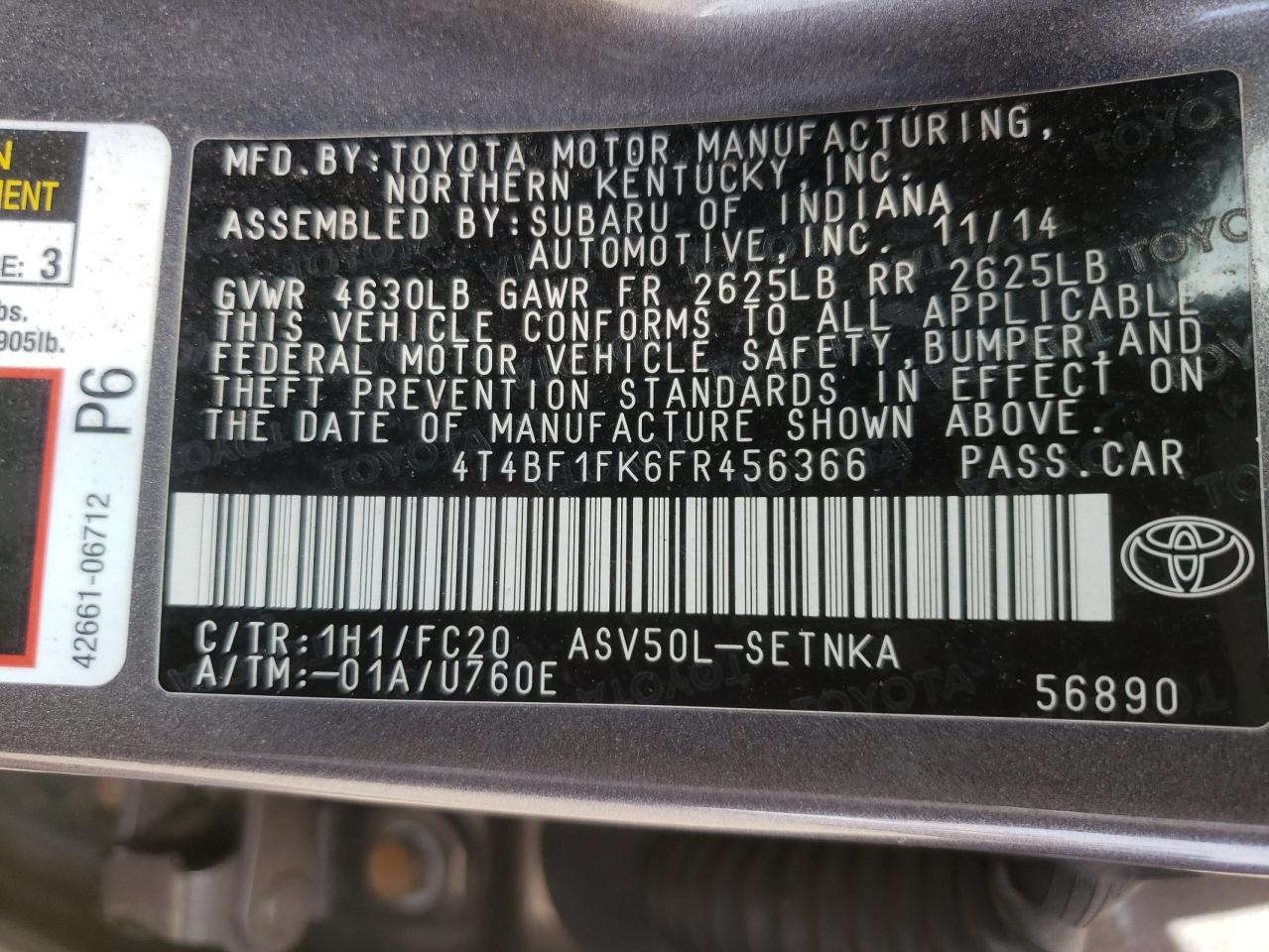 Photo 10 from auction – 2015 TOYOTA CAMRY LE with VIN 4T4BF1FK6FR456366