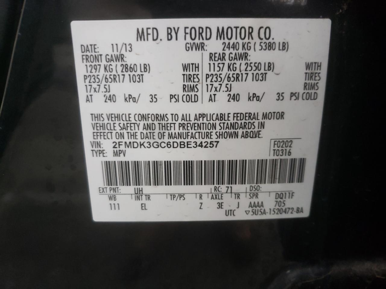 Photo 10 from auction – 2013 FORD EDGE SE with VIN 2FMDK3GC6DBE34257