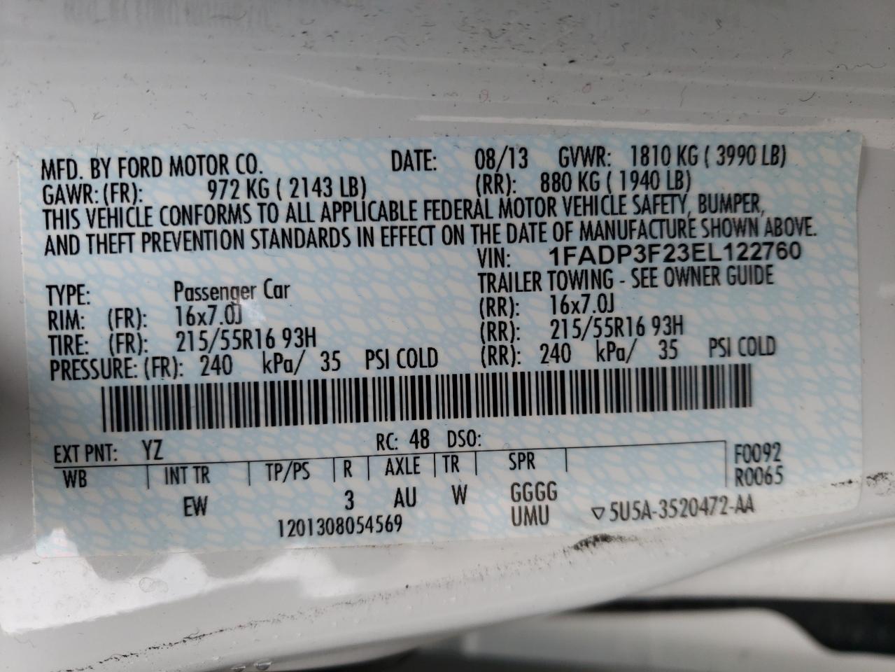 Photo 10 from auction – 2014 FORD FOCUS SE with VIN 1FADP3F23EL122760