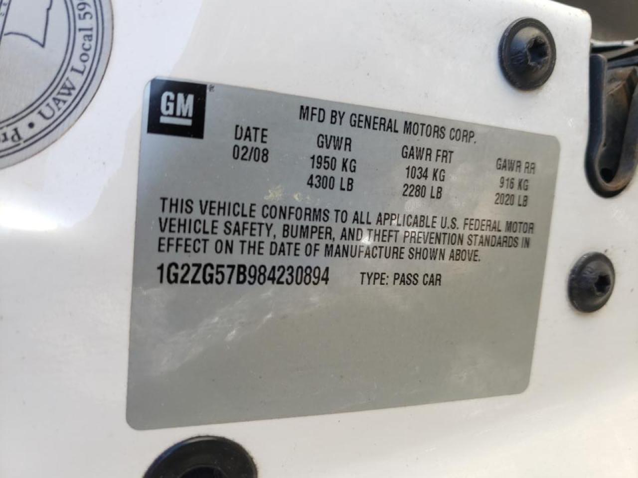 Photo 10 from auction – 2008 PONTIAC G6 BASE with VIN 1G2ZG57B984230894