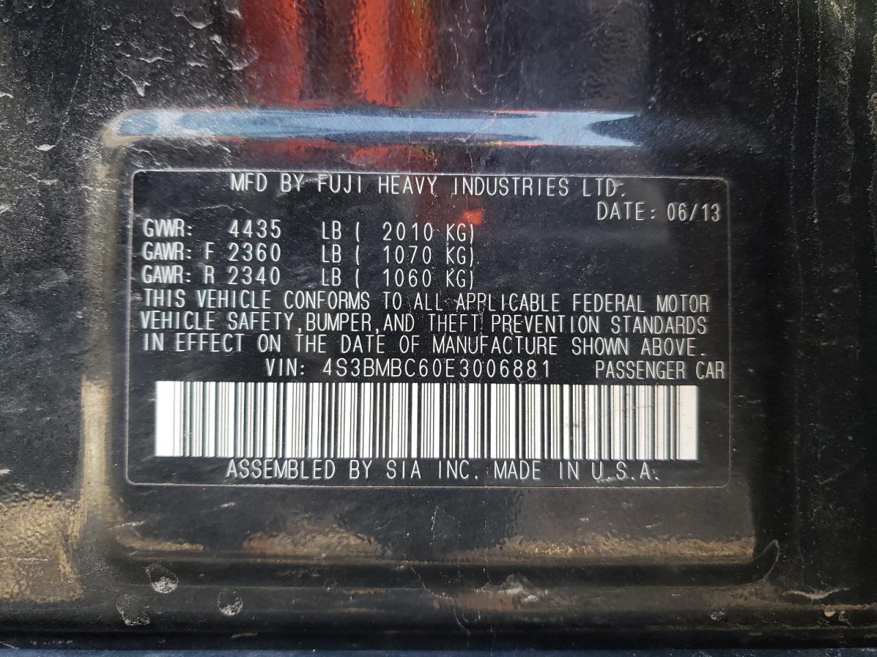 Photo 10 from auction – 2014 SUBARU LEGACY 2.5 with VIN 4S3BMBC60E3006881