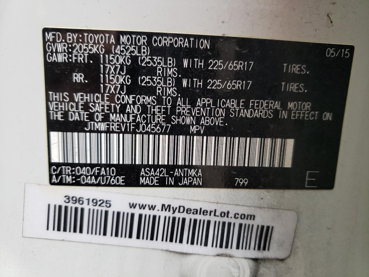 Photo 10 from auction – 2015 TOYOTA RAV4 XLE with VIN JTMWFREV1FJ045677