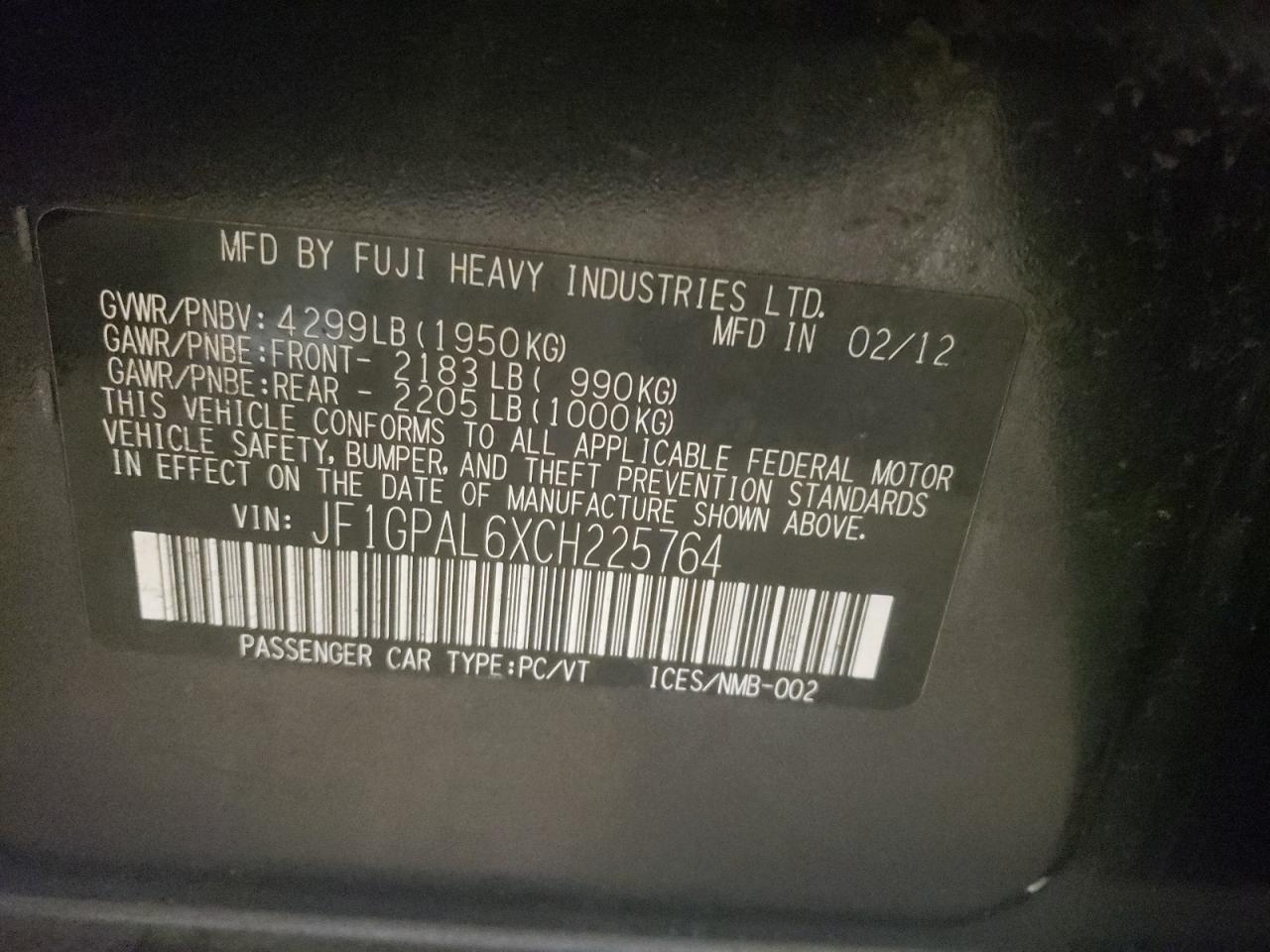 Photo 10 from auction – 2012 SUBARU IMPREZA SP with VIN JF1GPAL6XCH225764