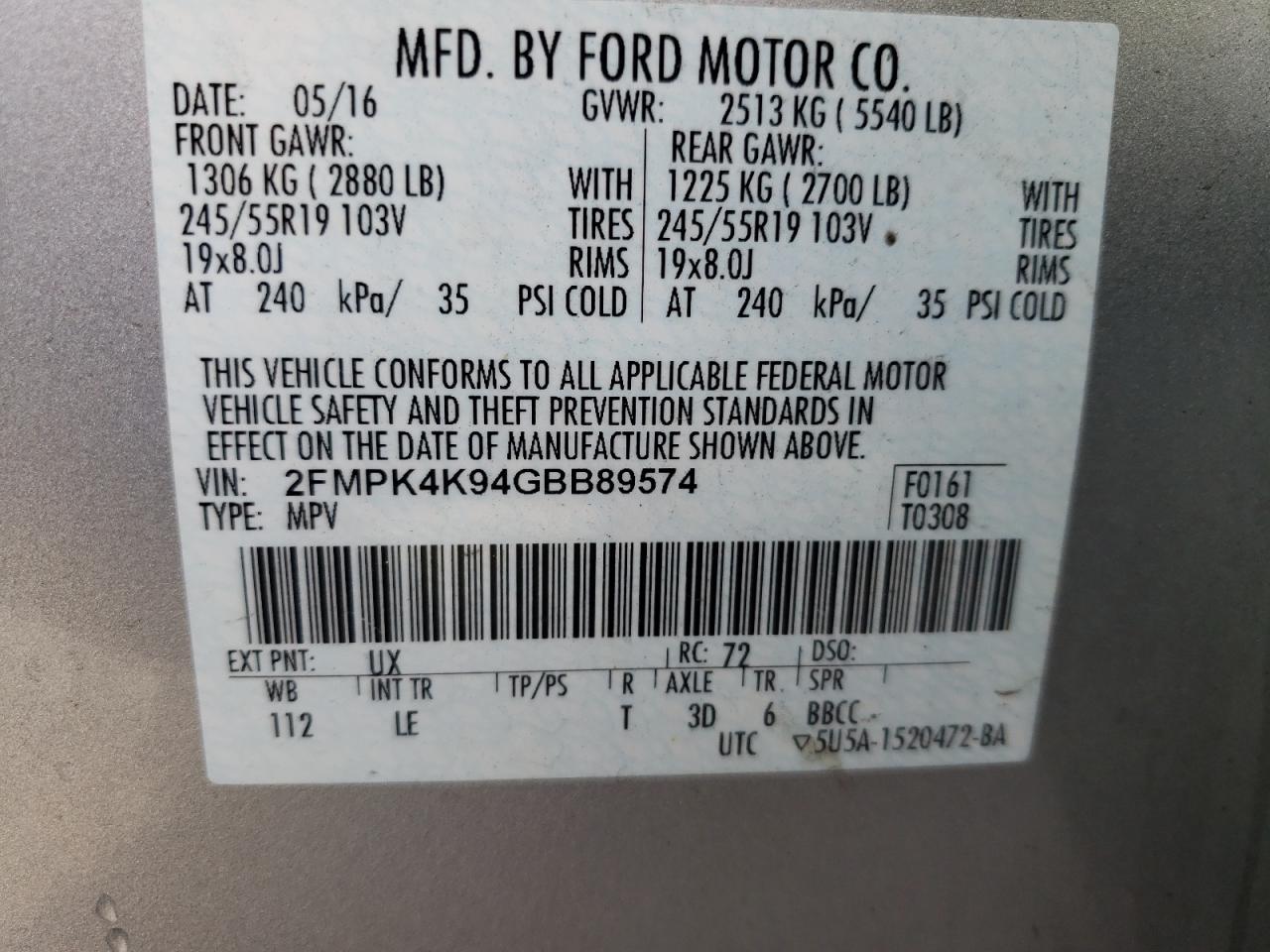 Photo 10 from auction – 2016 FORD EDGE TITAN with VIN 2FMPK4K94GBB89574