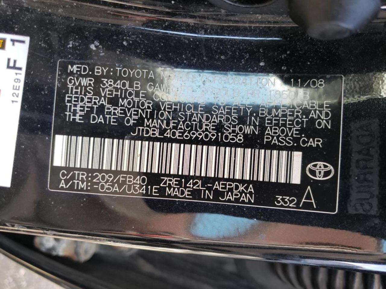 Photo 10 from auction – 2009 TOYOTA COROLLA BA with VIN JTDBL40E699091058