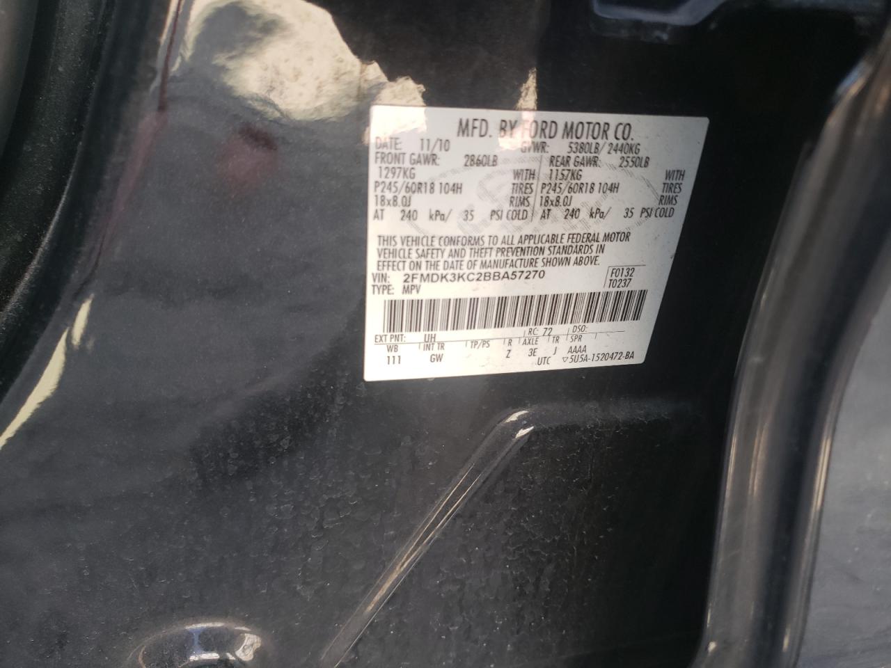 Photo 10 from auction – 2011 FORD EDGE LIMIT with VIN 2FMDK3KC2BBA57270