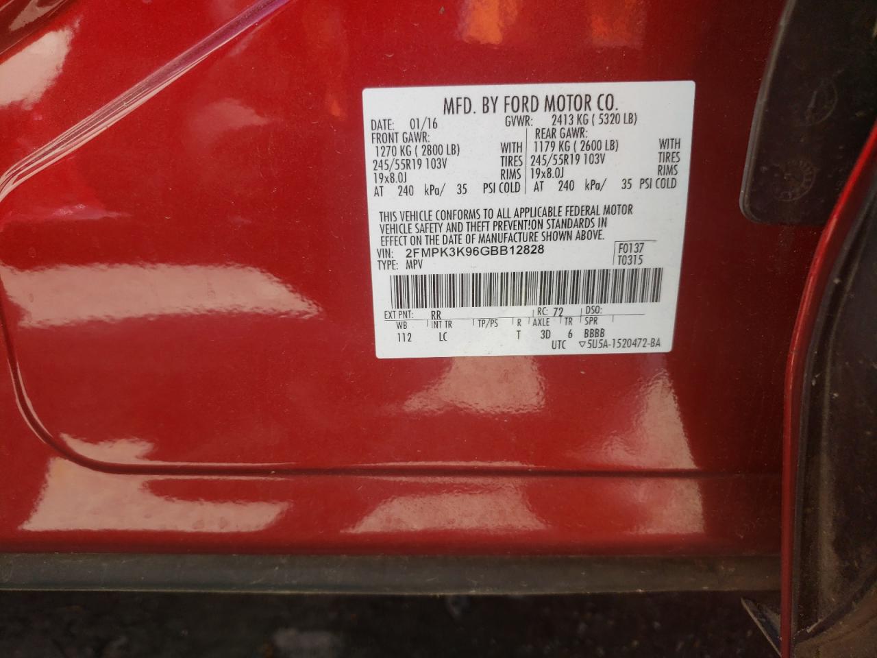 Фото 10 с аукциона – 2016 FORD EDGE TITAN с VIN 2FMPK3K96GBB12828