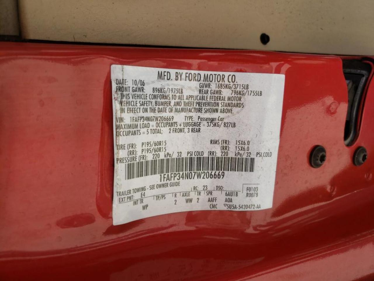 Photo 10 from auction – 2007 FORD FOCUS ZX4 with VIN 1FAFP34N07W206669