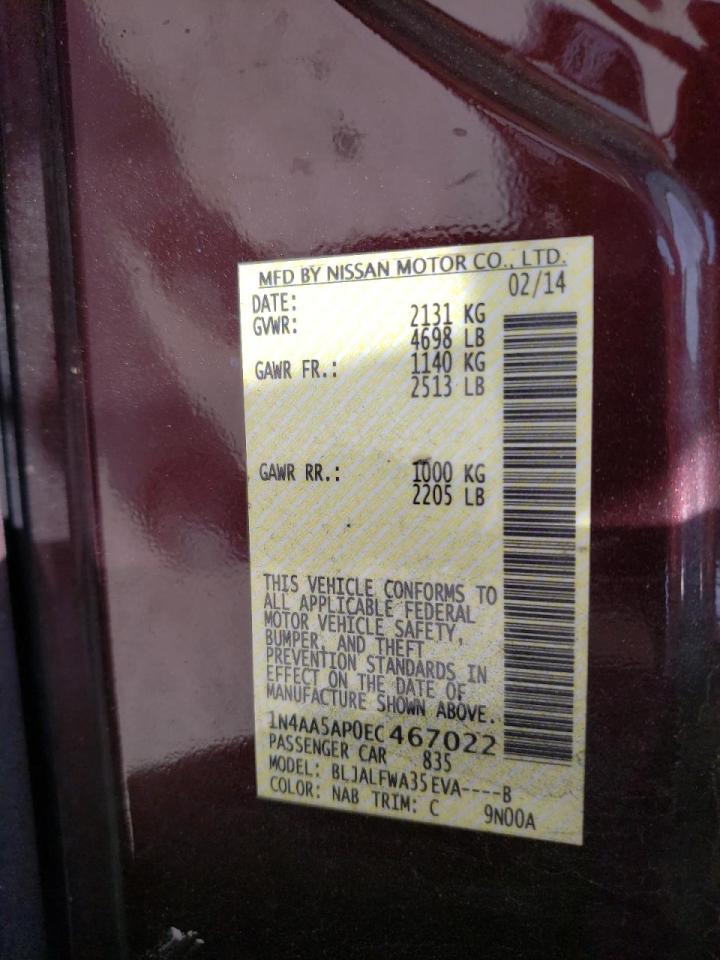 Photo 10 from auction – 2014 NISSAN MAXIMA S with VIN 1N4AA5AP0EC467022