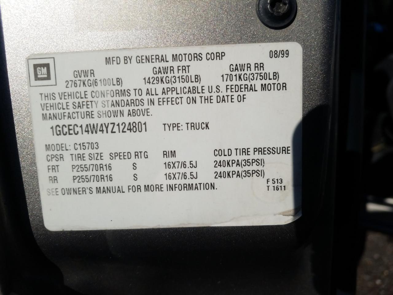 Photo 10 from auction – 2000 CHEVROLET silverado with VIN 1GCEC14W4YZ124801