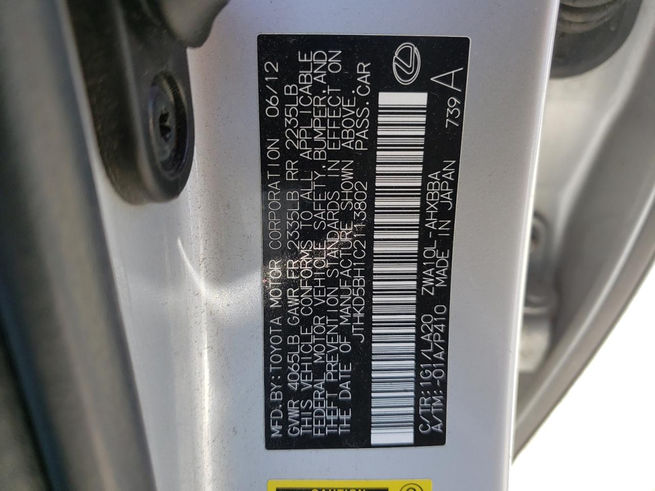 Photo 10 from auction – 2012 LEXUS CT 200 with VIN JTHKD5BH1C2113802