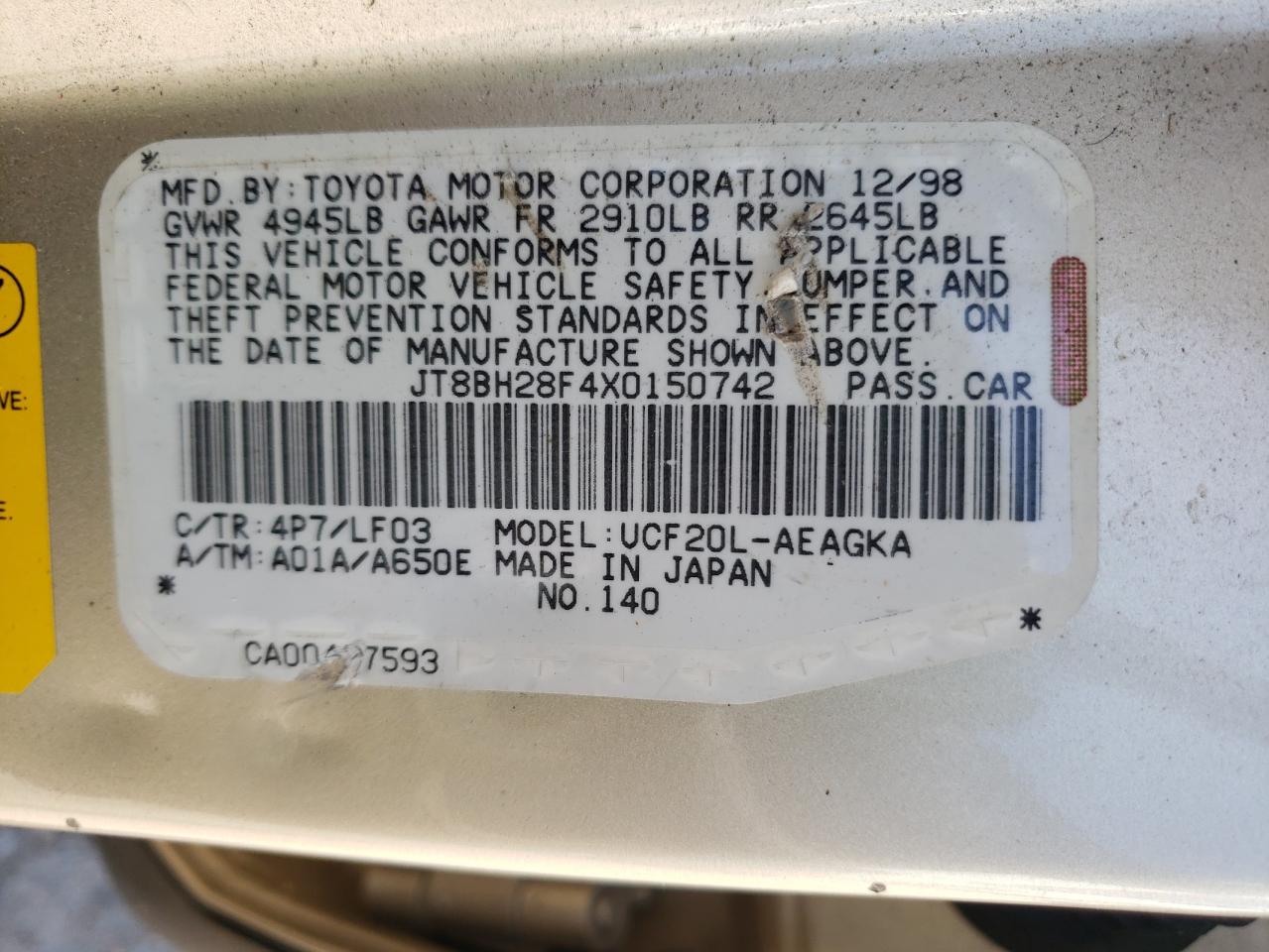 Photo 10 from auction – 1999 LEXUS LS 400 with VIN JT8BH28F4X0150742