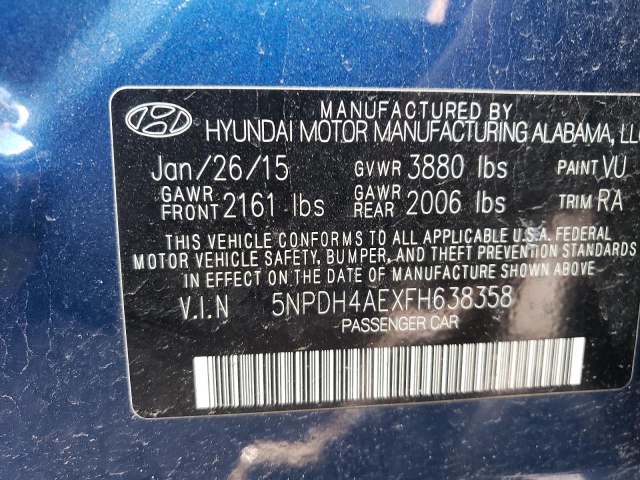 Photo 10 from auction – 2015 HYUNDAI ELANTRA with VIN 5NPDH4AEXFH638358