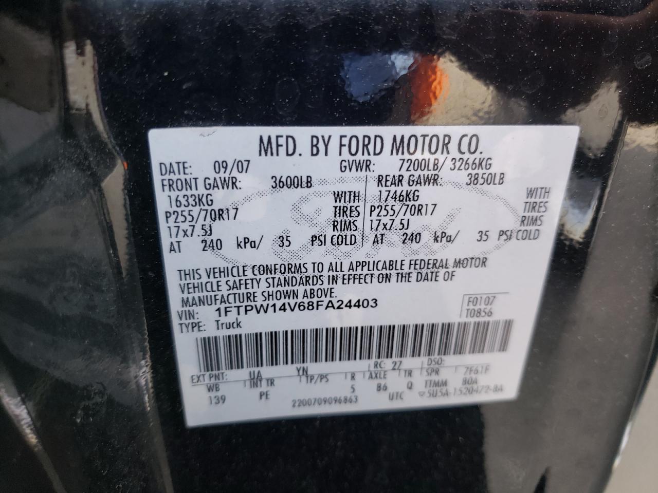 Photo 10 from auction – 2008 FORD F150 SUPER with VIN 1FTPW14V68FA24403