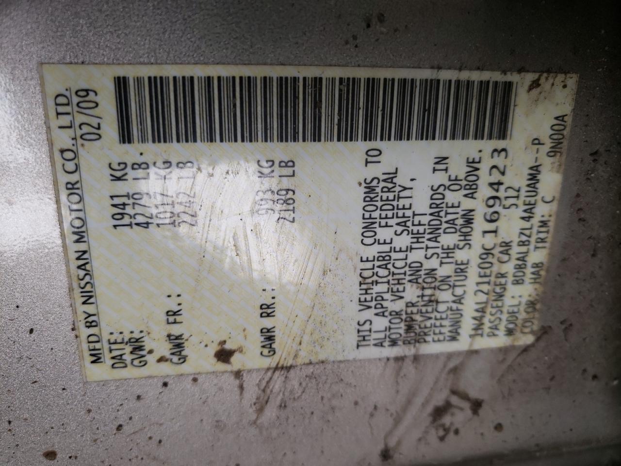 Photo 10 from auction – 2009 NISSAN ALTIMA 2.5 with VIN 1N4AL21E09C169423