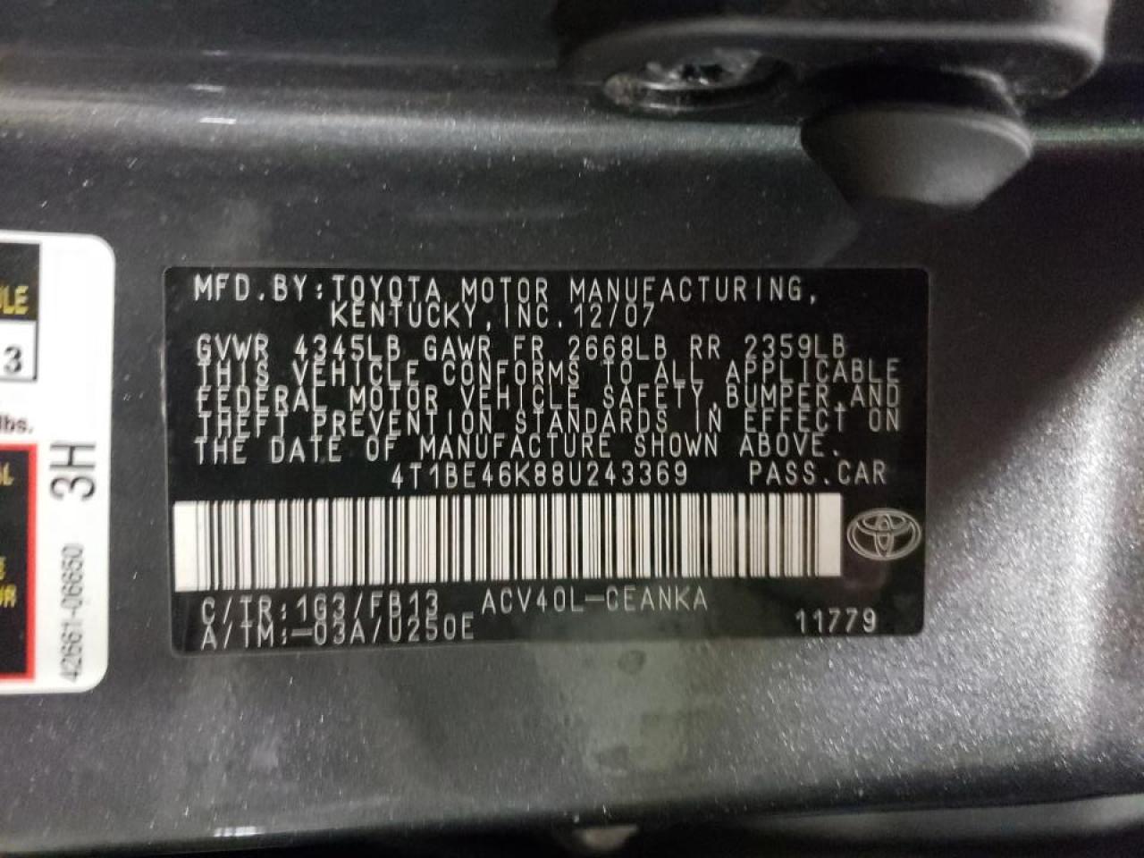 Photo 10 from auction – 2008 TOYOTA CAMRY CE with VIN 4T1BE46K88U243369