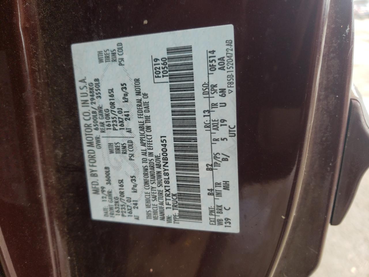 Photo 10 from auction – 2000 FORD F150 with VIN 1FTRX18L8YNB00451