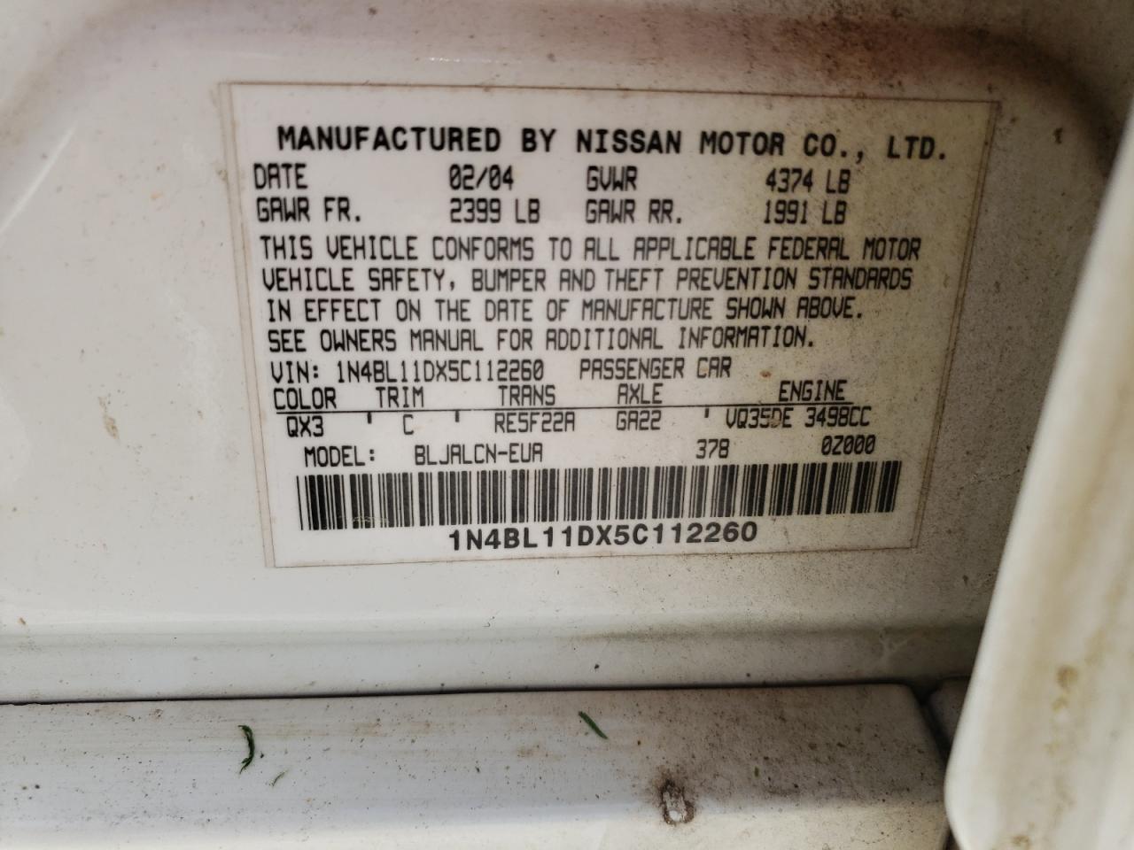 Photo 10 from auction – 2005 NISSAN ALTIMA SE with VIN 1N4BL11DX5C112260