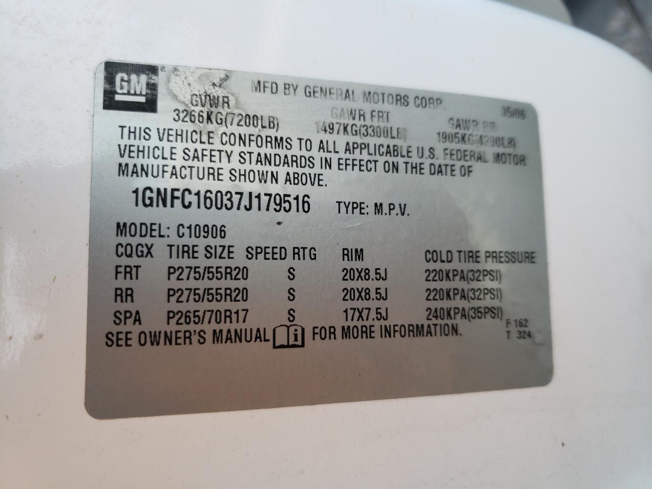 Photo 10 from auction – 2007 CHEVROLET SUBURBAN C with VIN 1GNFC16037J179516