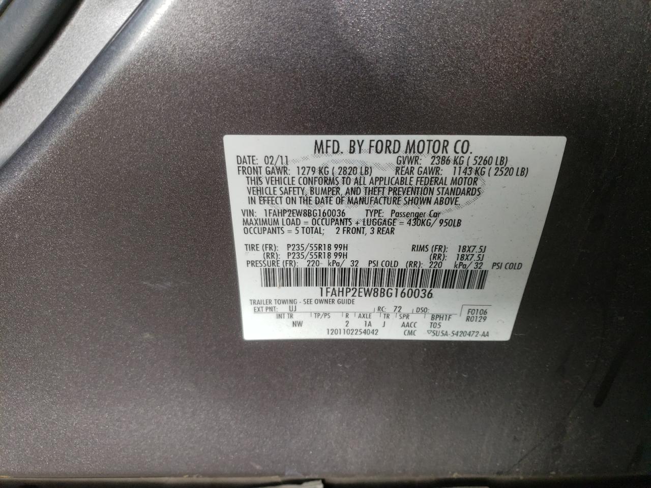 Photo 10 from auction – 2011 FORD TAURUS SEL with VIN 1FAHP2EW8BG160036