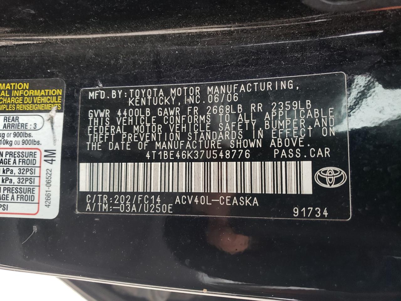 Photo 10 from auction – 2007 TOYOTA CAMRY CE with VIN 4T1BE46K37U548776