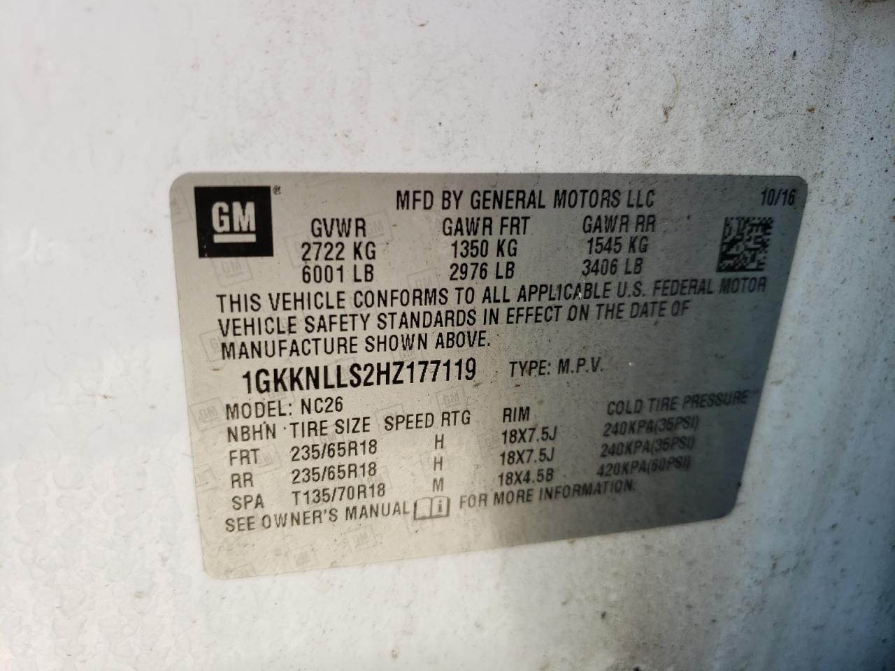 Photo 10 from auction – 2017 GMC ACADIA SLE with VIN 1GKKNLLS2HZ177119