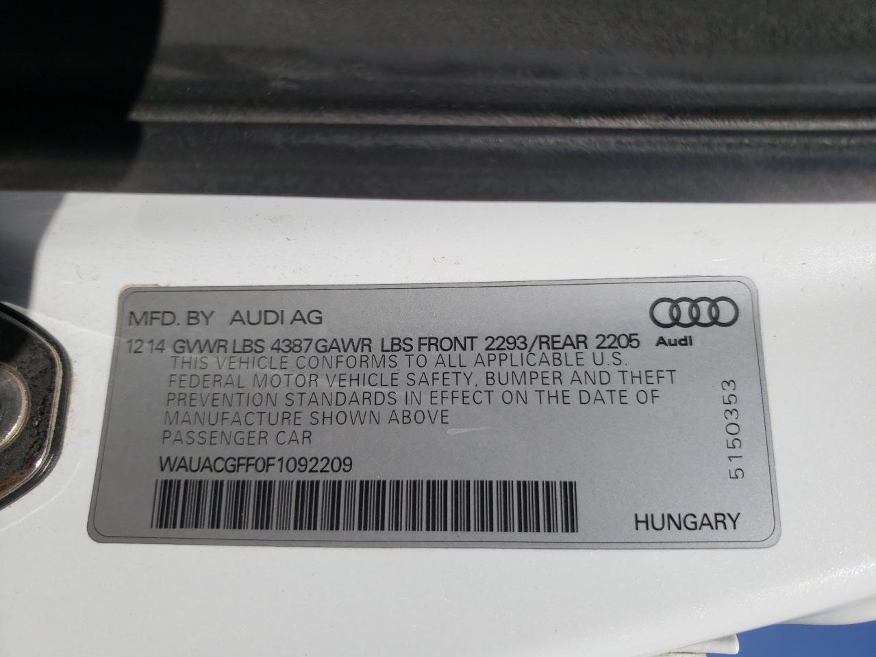 Photo 10 from auction – 2015 AUDI A3 PREMIUM with VIN WAUACGFF0F1092209