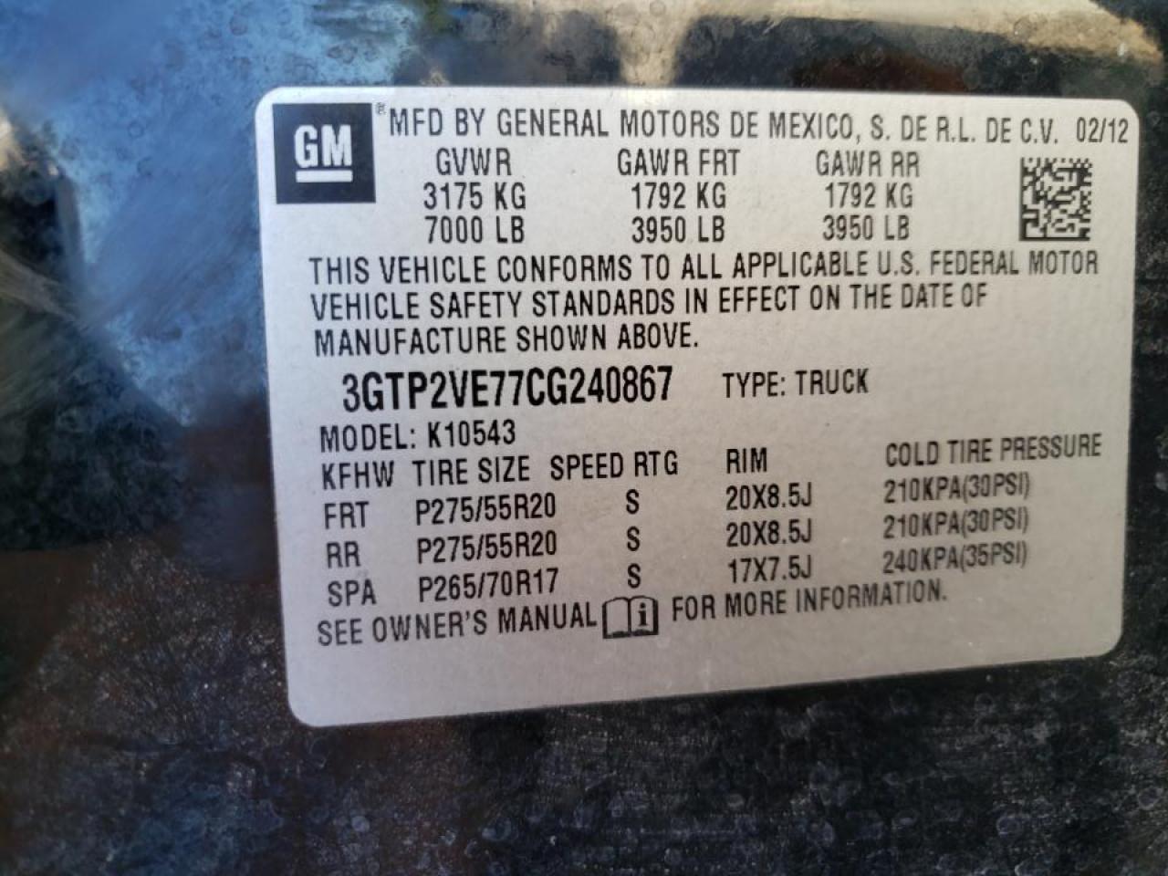 Photo 10 from auction – 2012 GMC SIERRA K15 with VIN 3GTP2VE77CG240867
