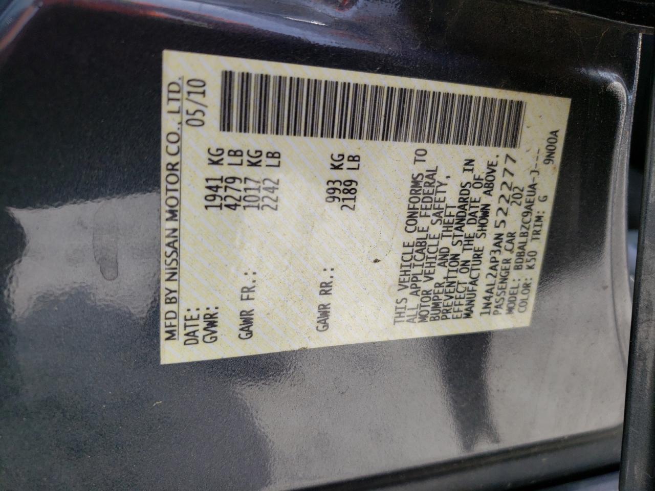 Photo 10 from auction – 2010 NISSAN ALTIMA BAS with VIN 1N4AL2AP3AN522277