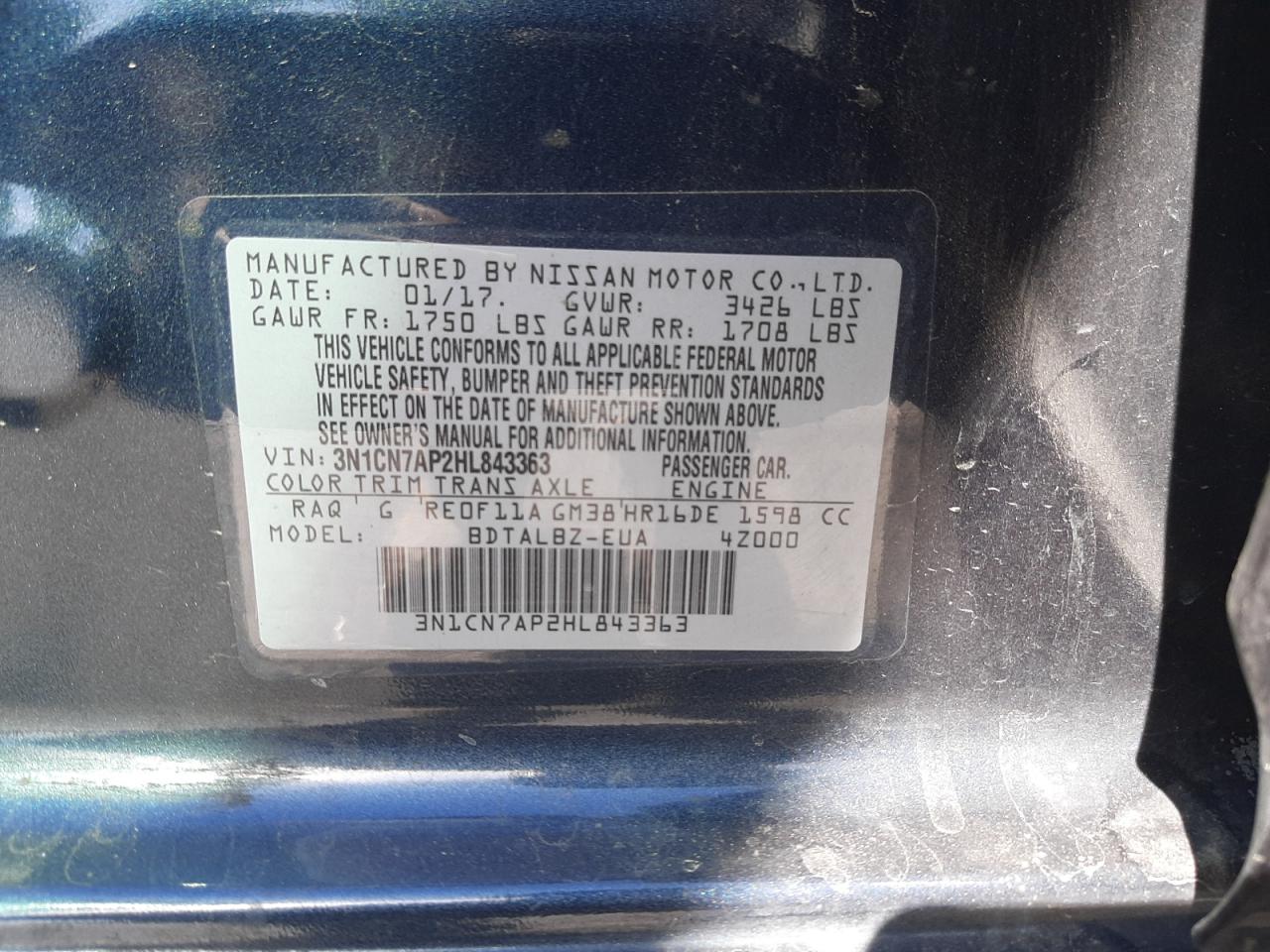 Photo 10 from auction – 2017 NISSAN VERSA S with VIN 3N1CN7AP2HL843363