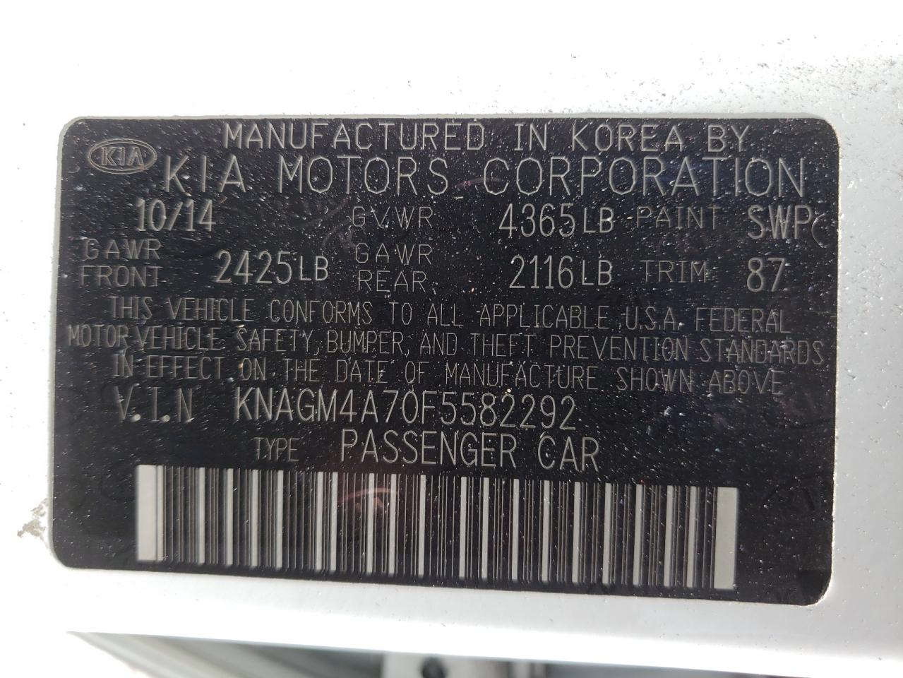 Photo 10 from auction – 2015 KIA OPTIMA LX with VIN KNAGM4A70F5582292