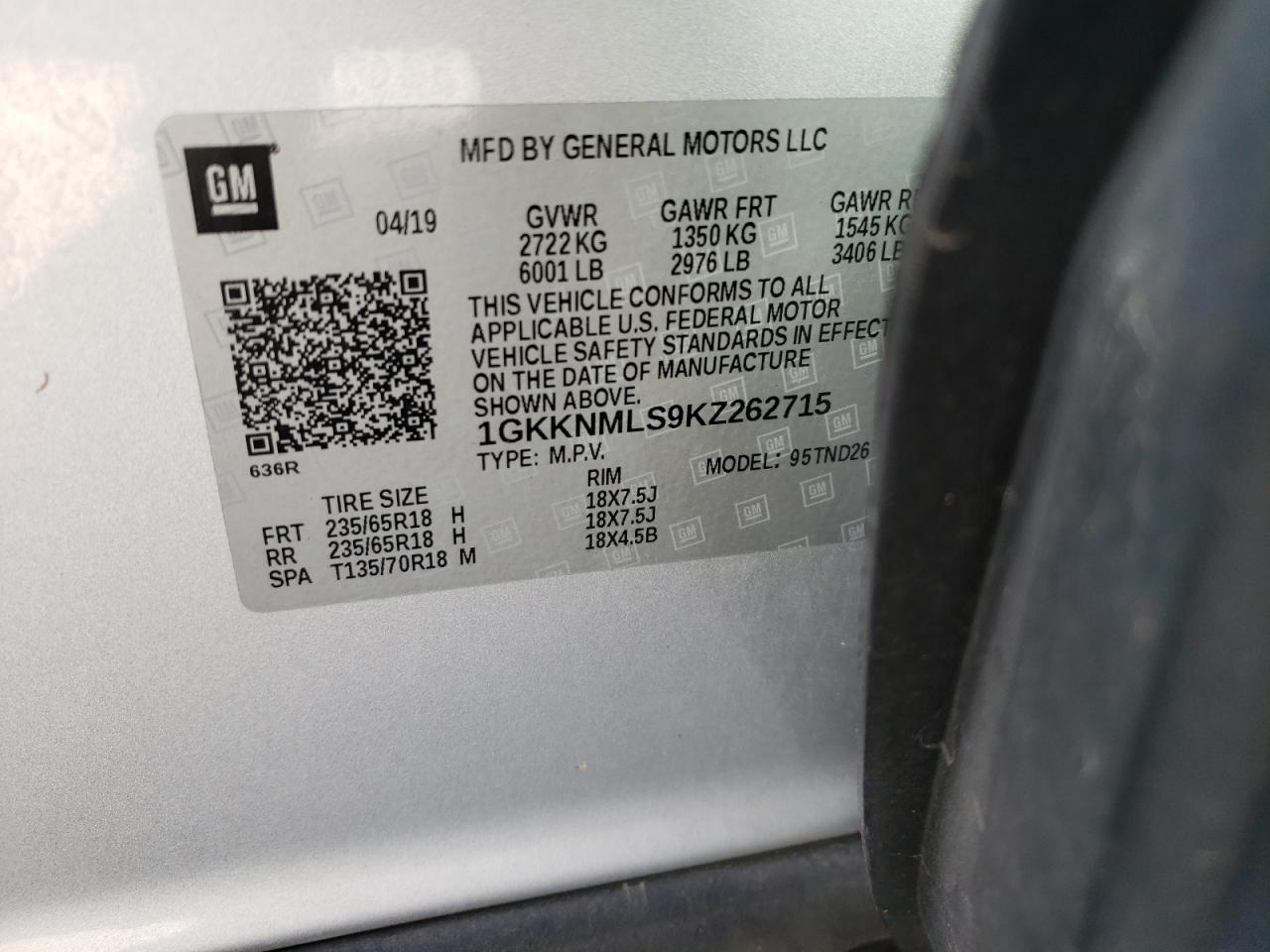 Photo 10 from auction – 2019 GMC ACADIA SLT with VIN 1GKKNMLS9KZ262715