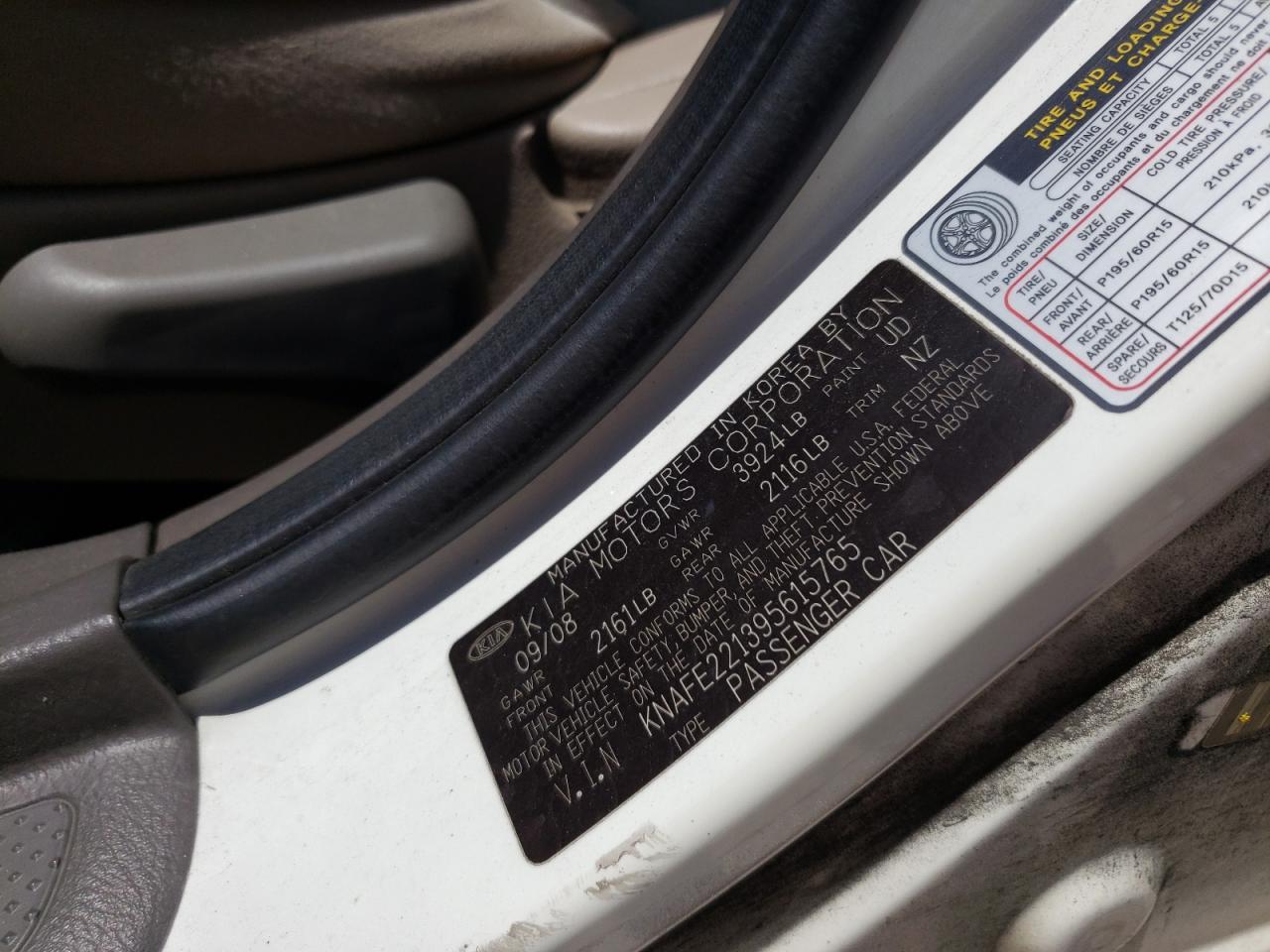 Photo 10 from auction – 2009 KIA SPECTRA EX with VIN KNAFE221395615765