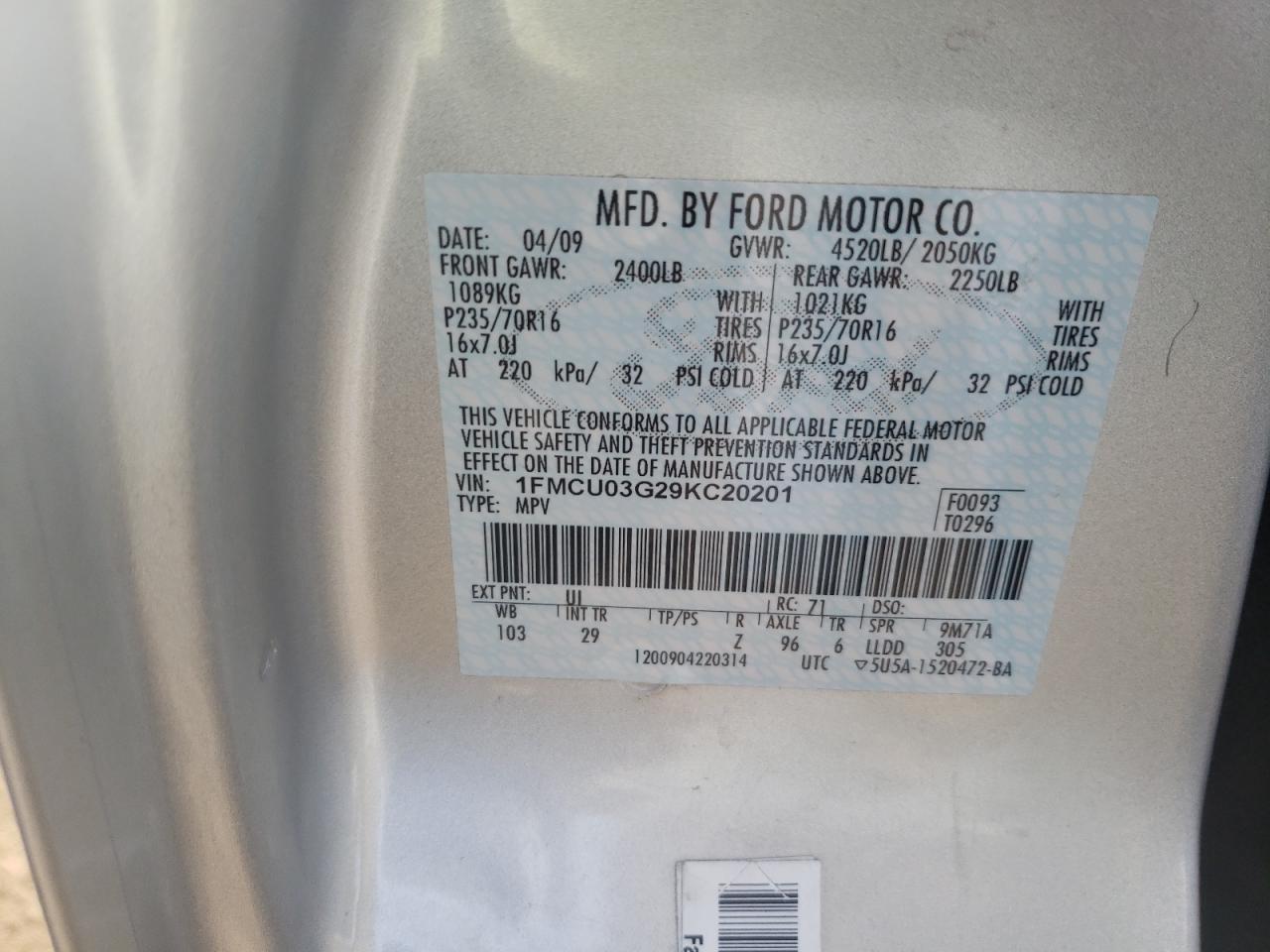Photo 10 from auction – 2009 FORD ESCAPE XLT with VIN 1FMCU03G29KC20201