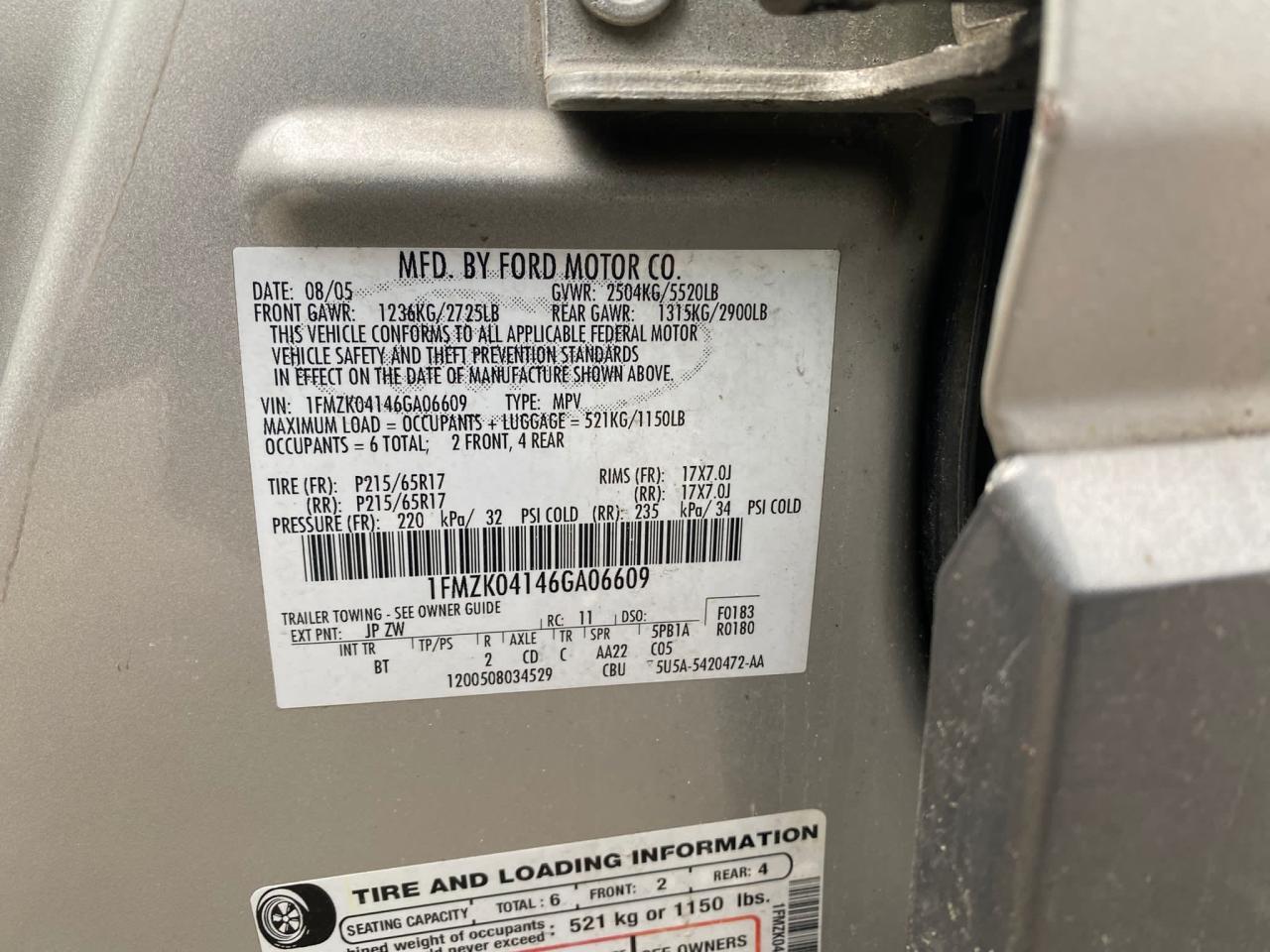 Photo 10 from auction – 2006 FORD FREESTYLE with VIN 1FMZK04146GA06609