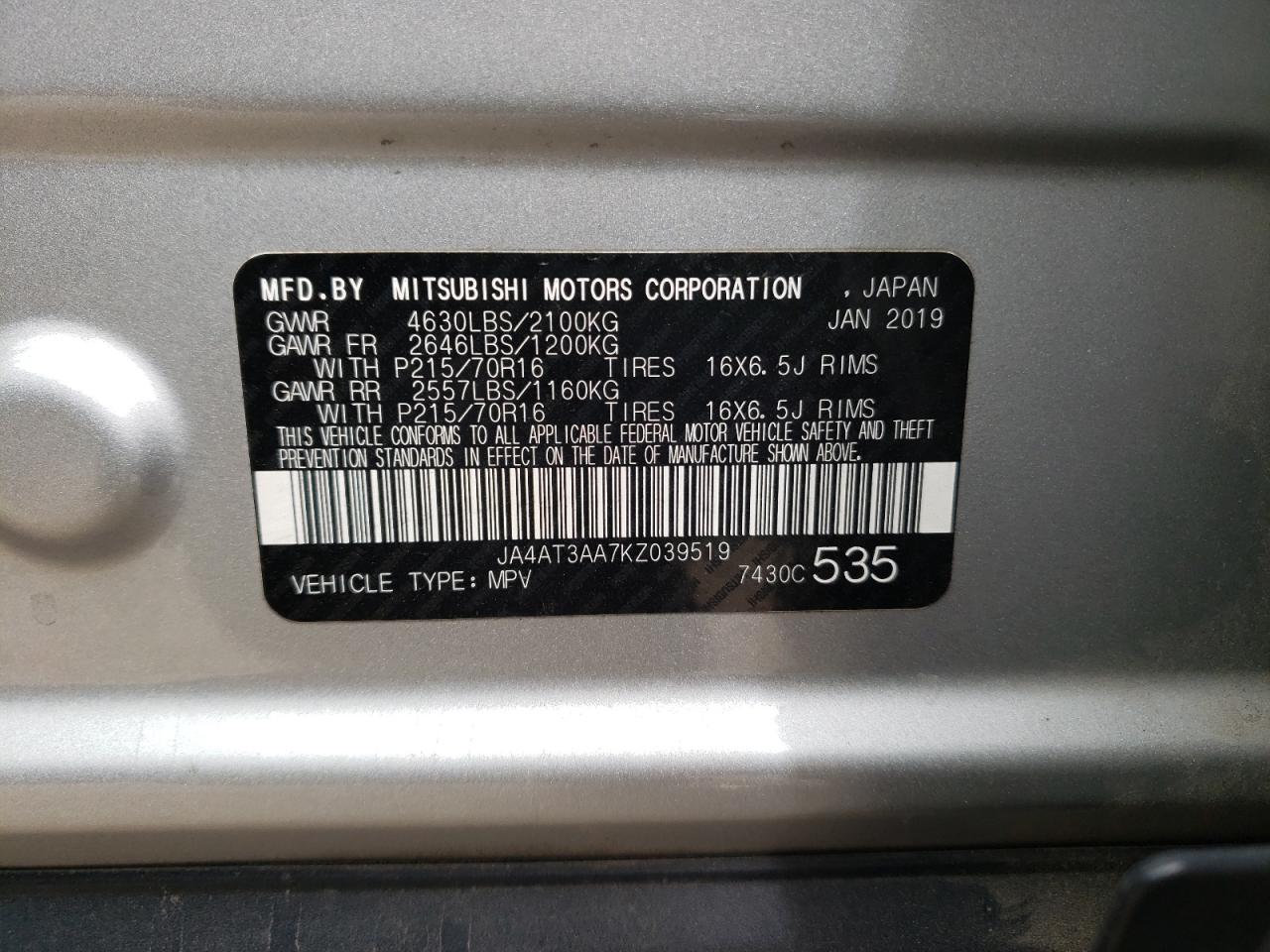 Photo 10 from auction – 2019 MITSUBISHI ECLIPSE CR with VIN JA4AT3AA7KZ039519