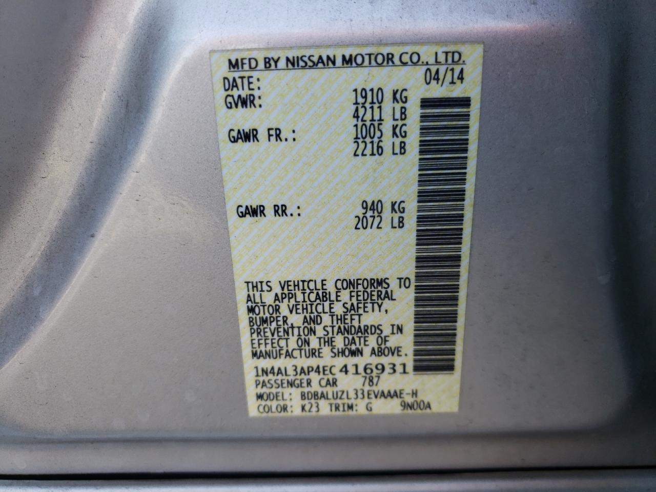 Photo 10 from auction – 2014 NISSAN ALTIMA 2.5 with VIN 1N4AL3AP4EC416931