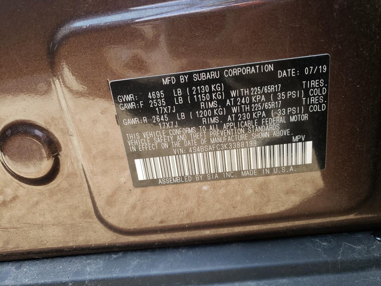 Photo 10 from auction – 2019 SUBARU OUTBACK 2. with VIN 4S4BSAFC3K3388199
