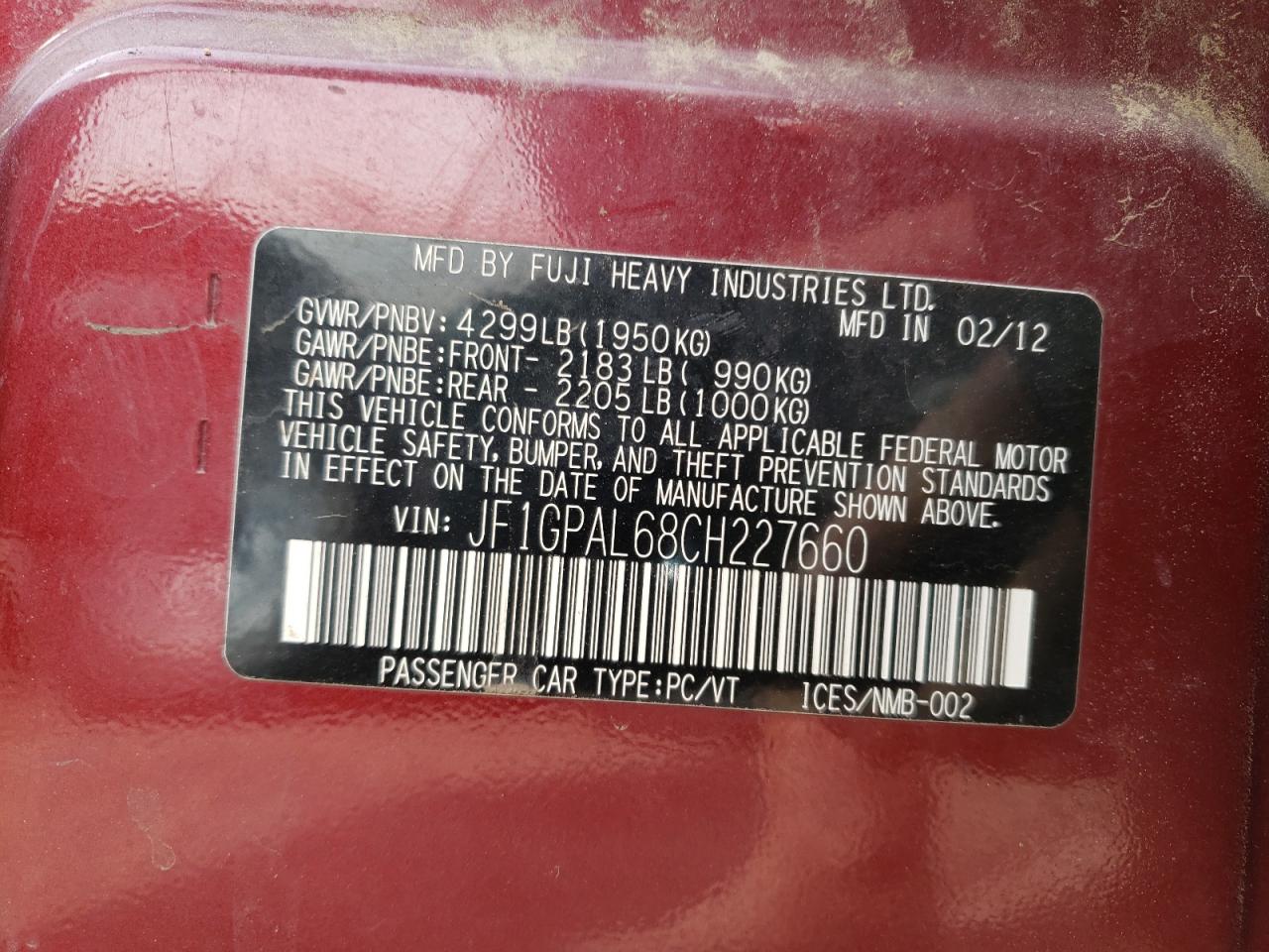 Photo 10 from auction – 2012 SUBARU IMPREZA SP with VIN JF1GPAL68CH227660