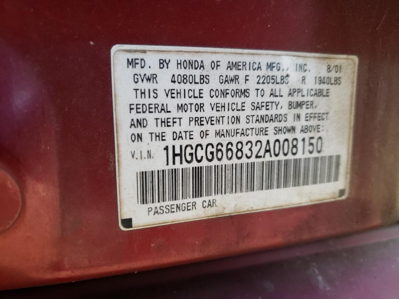Photo 10 from auction – 2002 HONDA ACCORD EX with VIN 1HGCG66832A008150