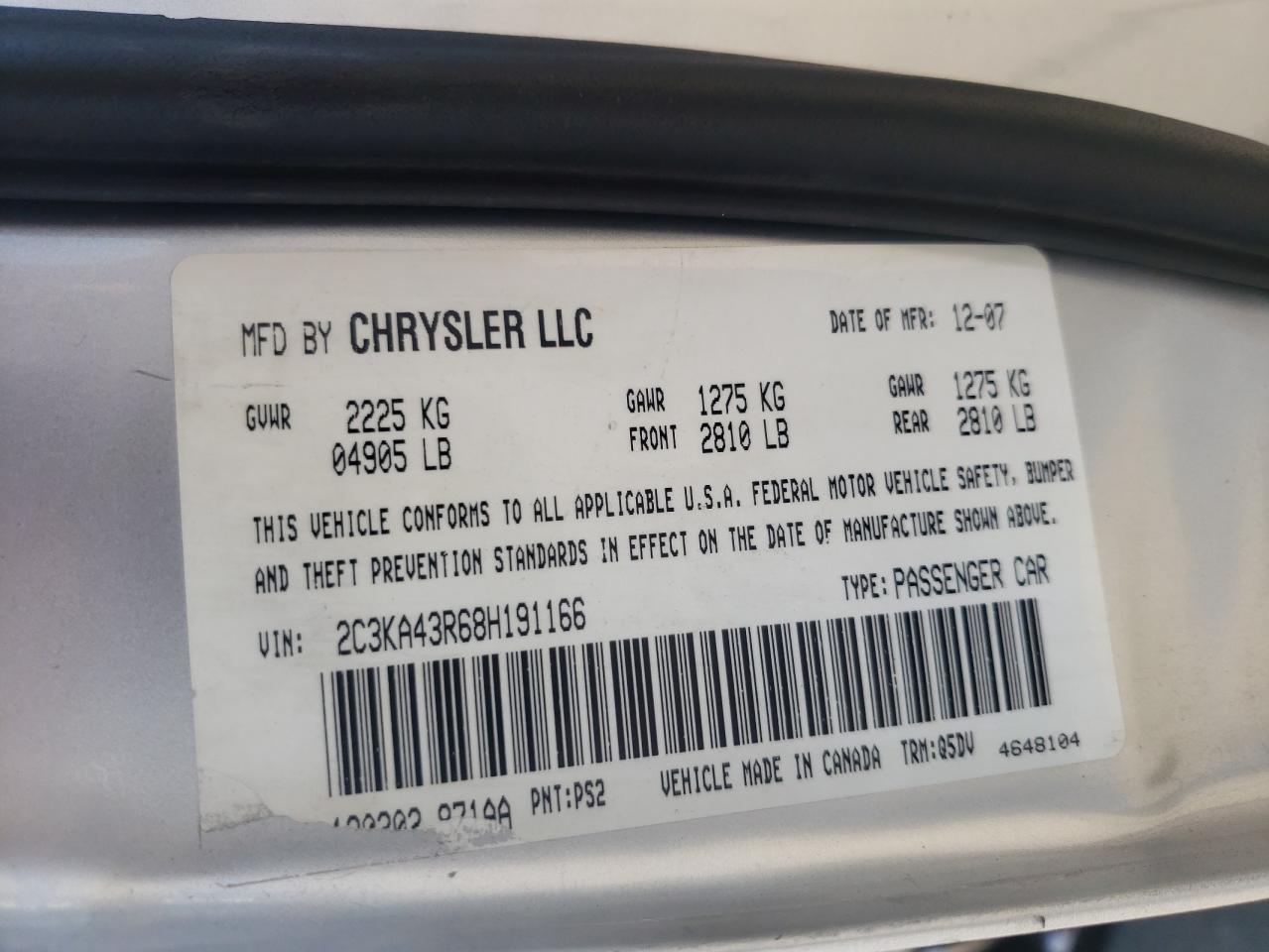 Photo 10 from auction – 2008 CHRYSLER 300 LX with VIN 2C3KA43R68H191166