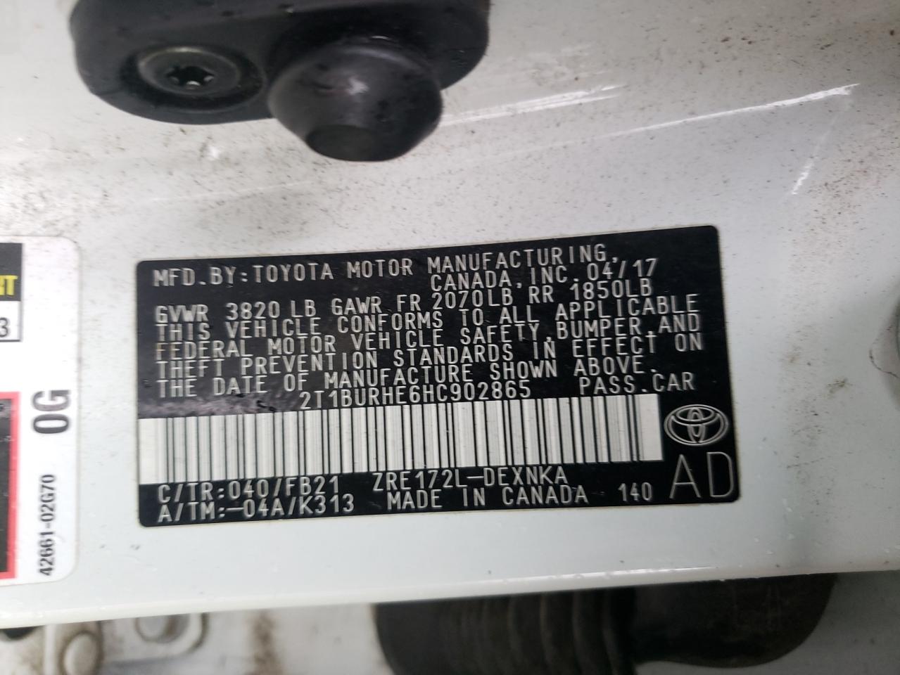 Photo 10 from auction – 2017 TOYOTA COROLLA L with VIN 2T1BURHE6HC902865