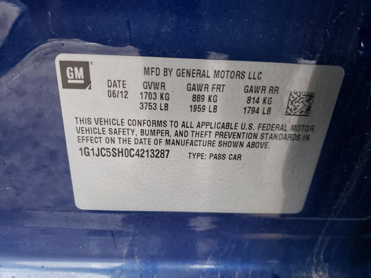 Photo 10 from auction – 2012 CHEVROLET SONIC LT with VIN 1G1JC5SH0C4213287